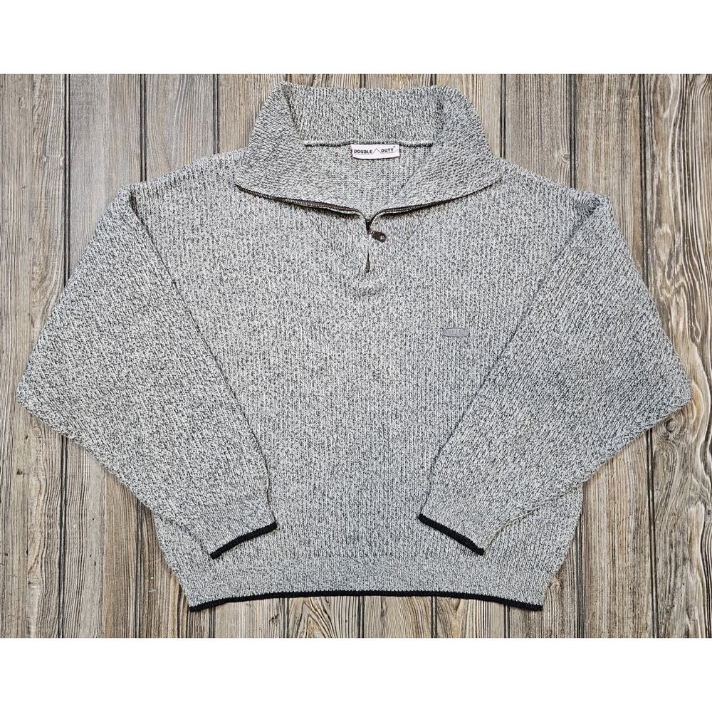 VTG 80s 90s Double Duty Chunky Knit Sweater Gray Black Henley Zip Boxy 1X